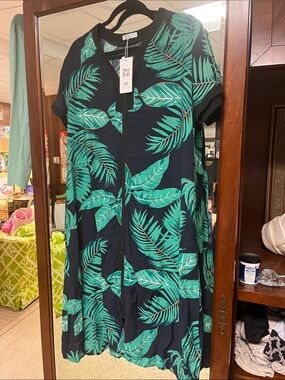 Reduced! NWT Tropical Leaf Print Zip-Front caftan - Black & Teal house dress